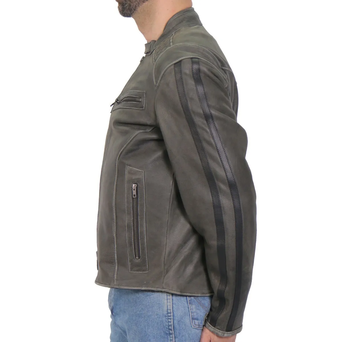 Hot Leathers JKM1033 Men’s Distress Grey ‘Café Racer' Leather Jacket with Concealed Carry Pockets