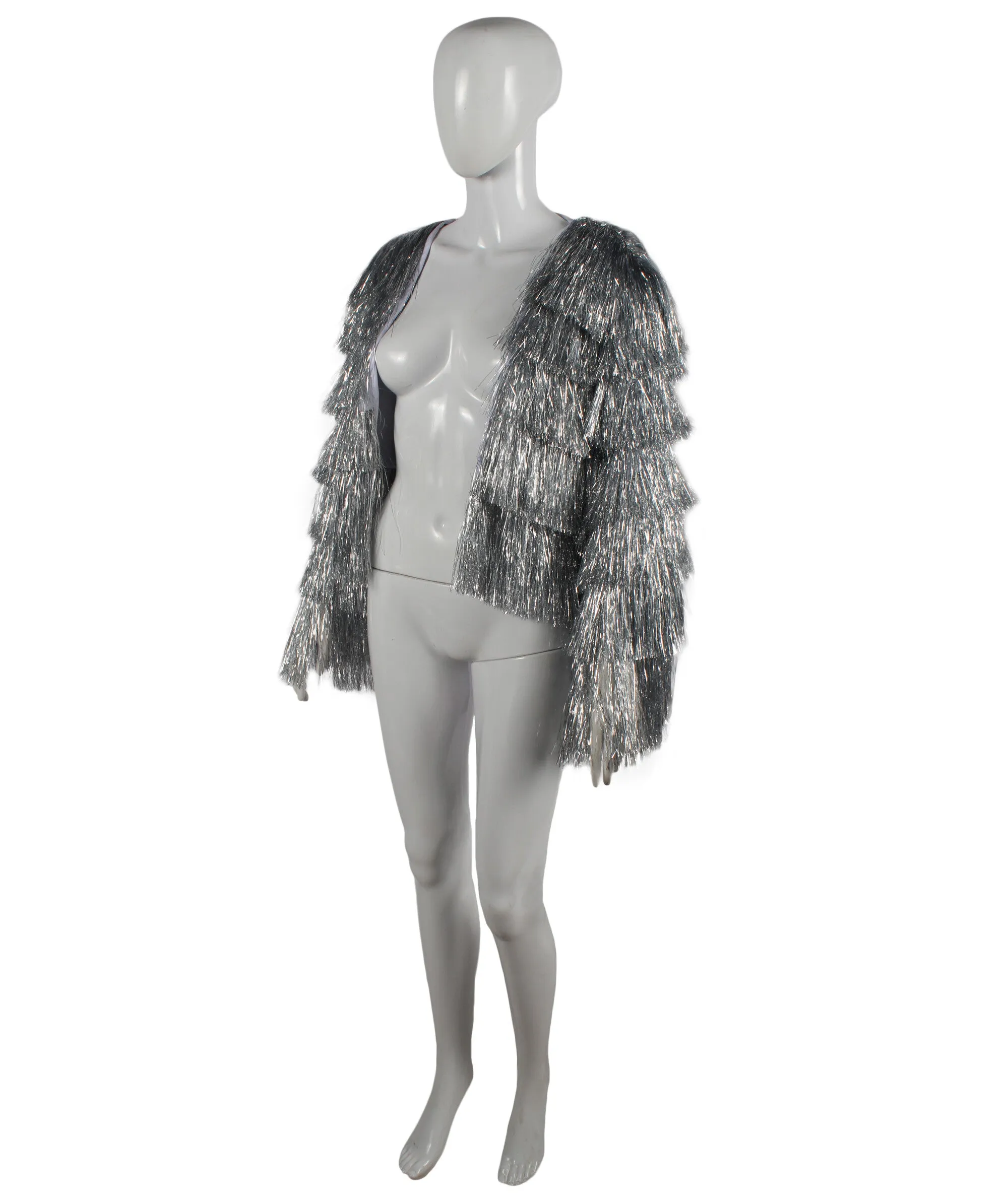 HPO Adult Women's Tinsel Sparkly Silver Jacket I Perfect for Halloween and Cosplay