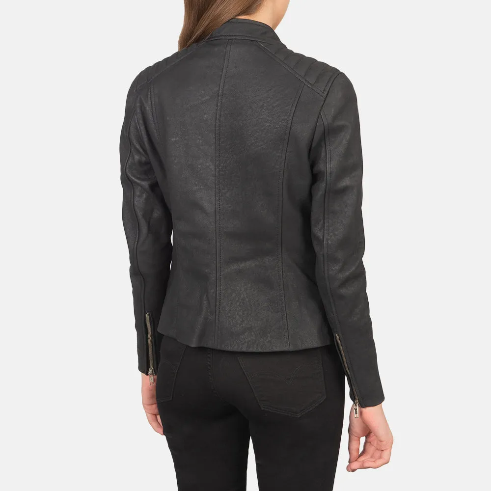 Kelsee Distressed Black Leather Biker Jacket