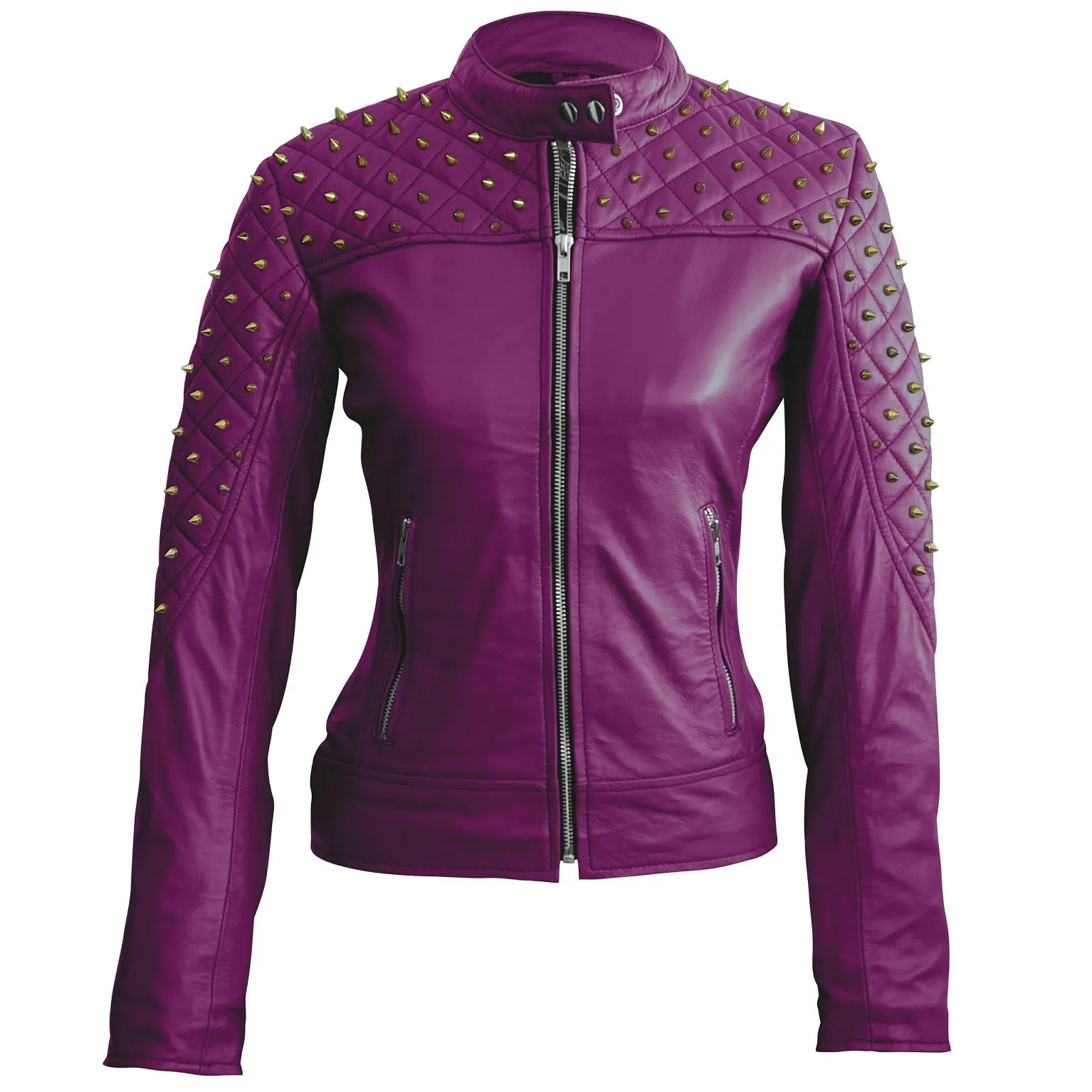 Leather Skin Women Purple Shoulder Quilted Gold Studs Studded Genuine Leather Jacket