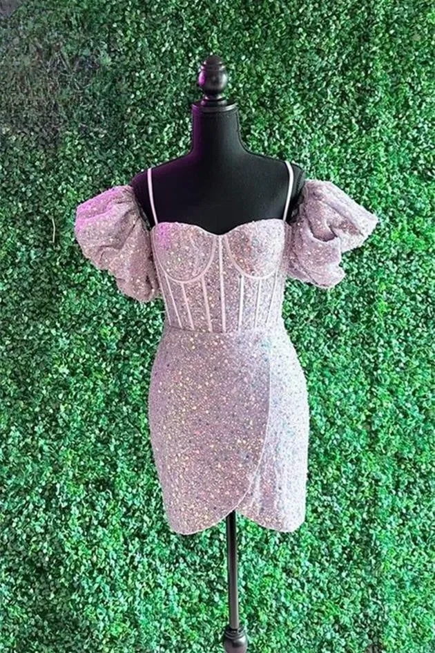 Light Pink Puff Sleeves Sequins Sheath Homecoming Dress Cocktail