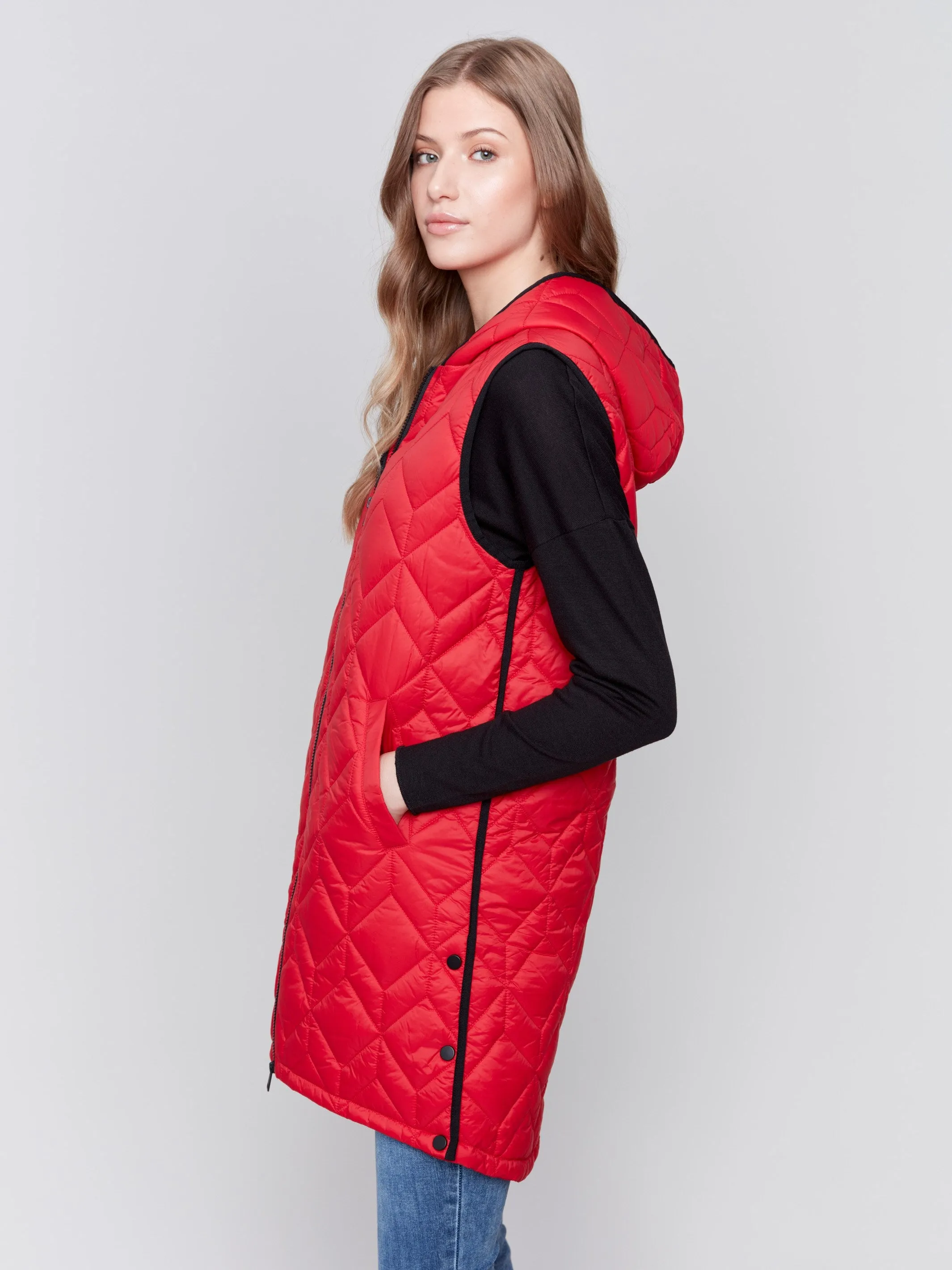 Long Quilted Puffer Vest with Hood - Cranberry