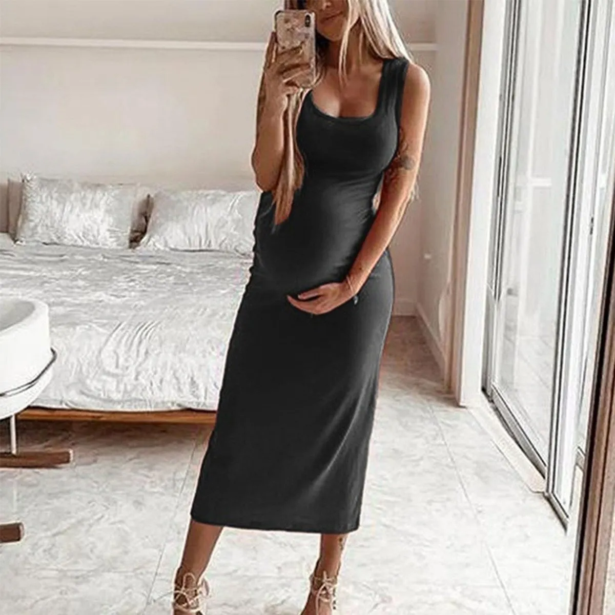 Maternity Casual Solid Color Sleeveless Dress