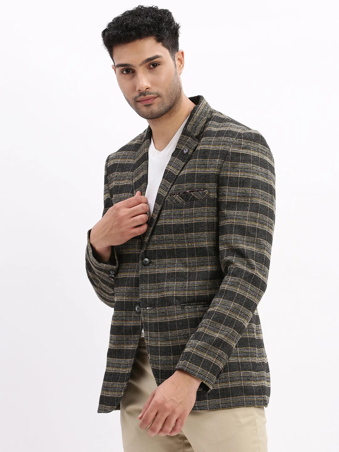 Men Checked Black Single Breasted Blazer