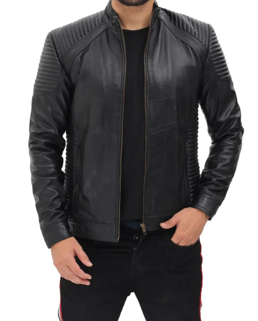 Men Fitted Genuine Leather Jacket With Shoulder Lining Padding