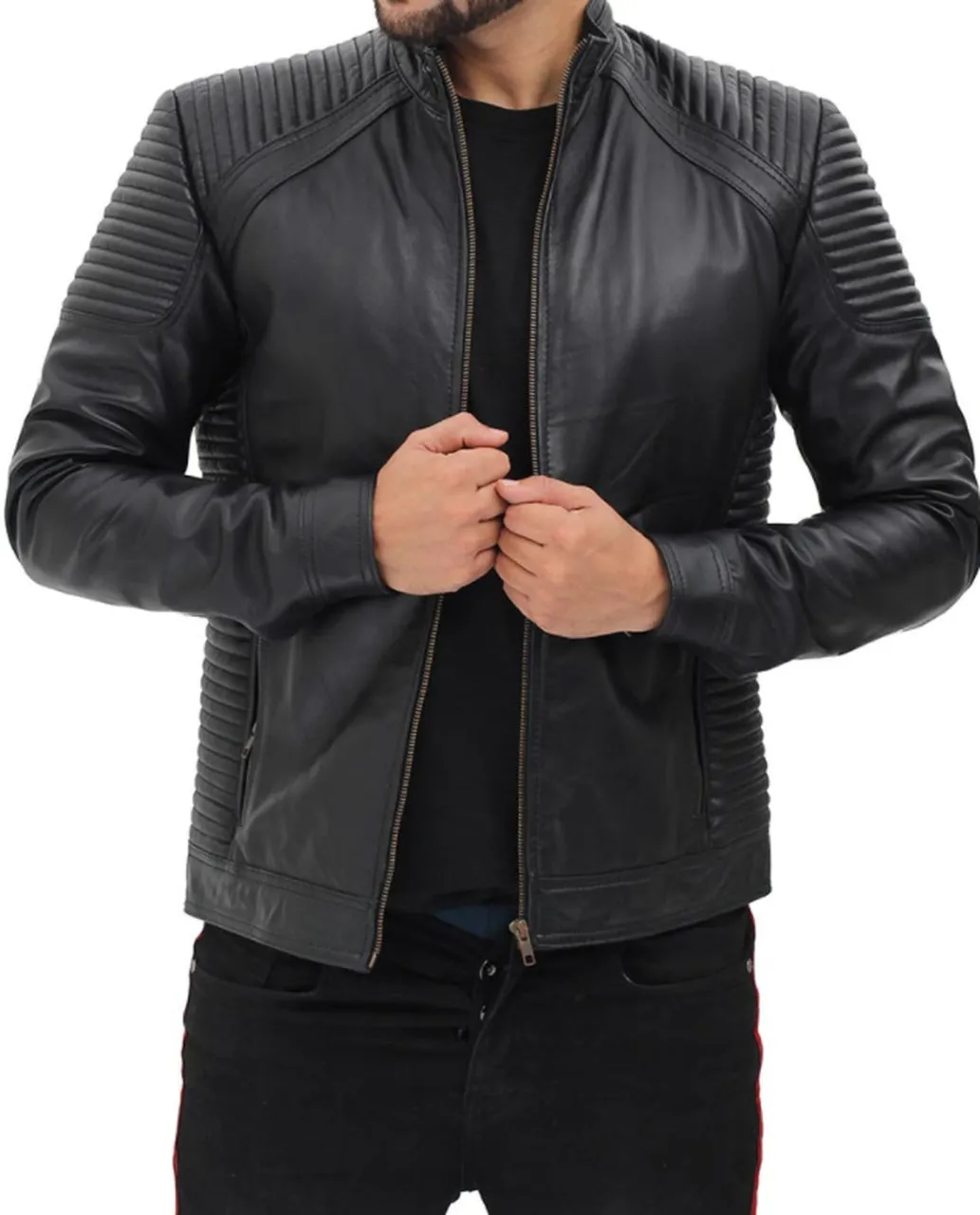 Men Fitted Genuine Leather Jacket With Shoulder Lining Padding