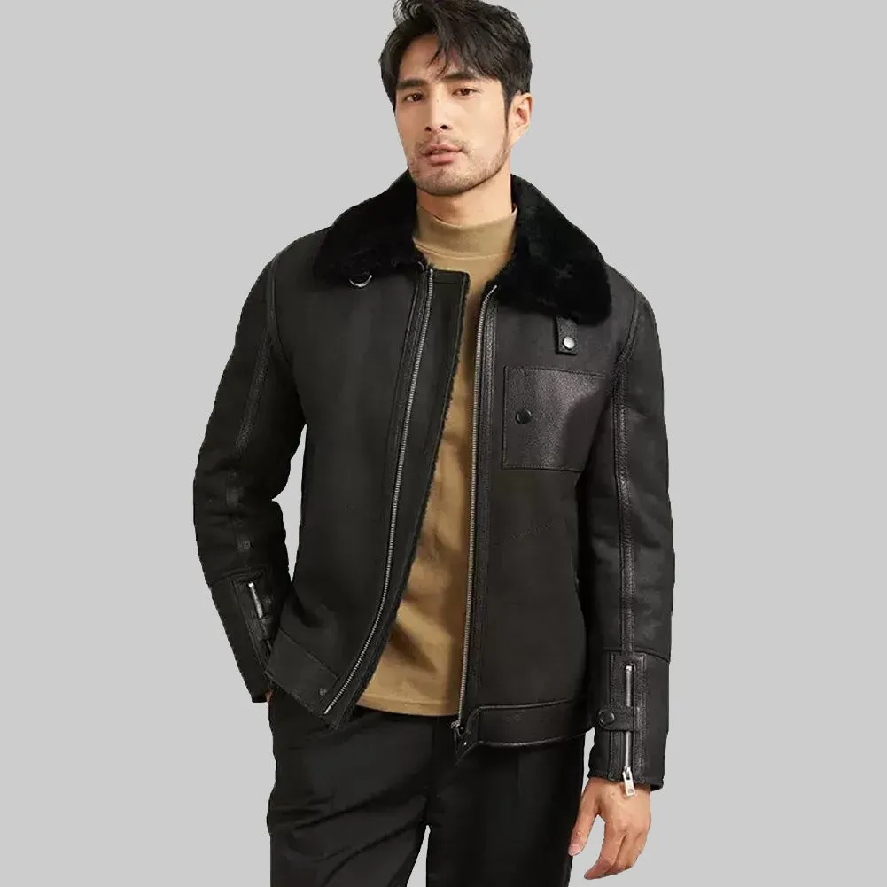 Men's Black Shearling Flight Jacket - Leather Coat