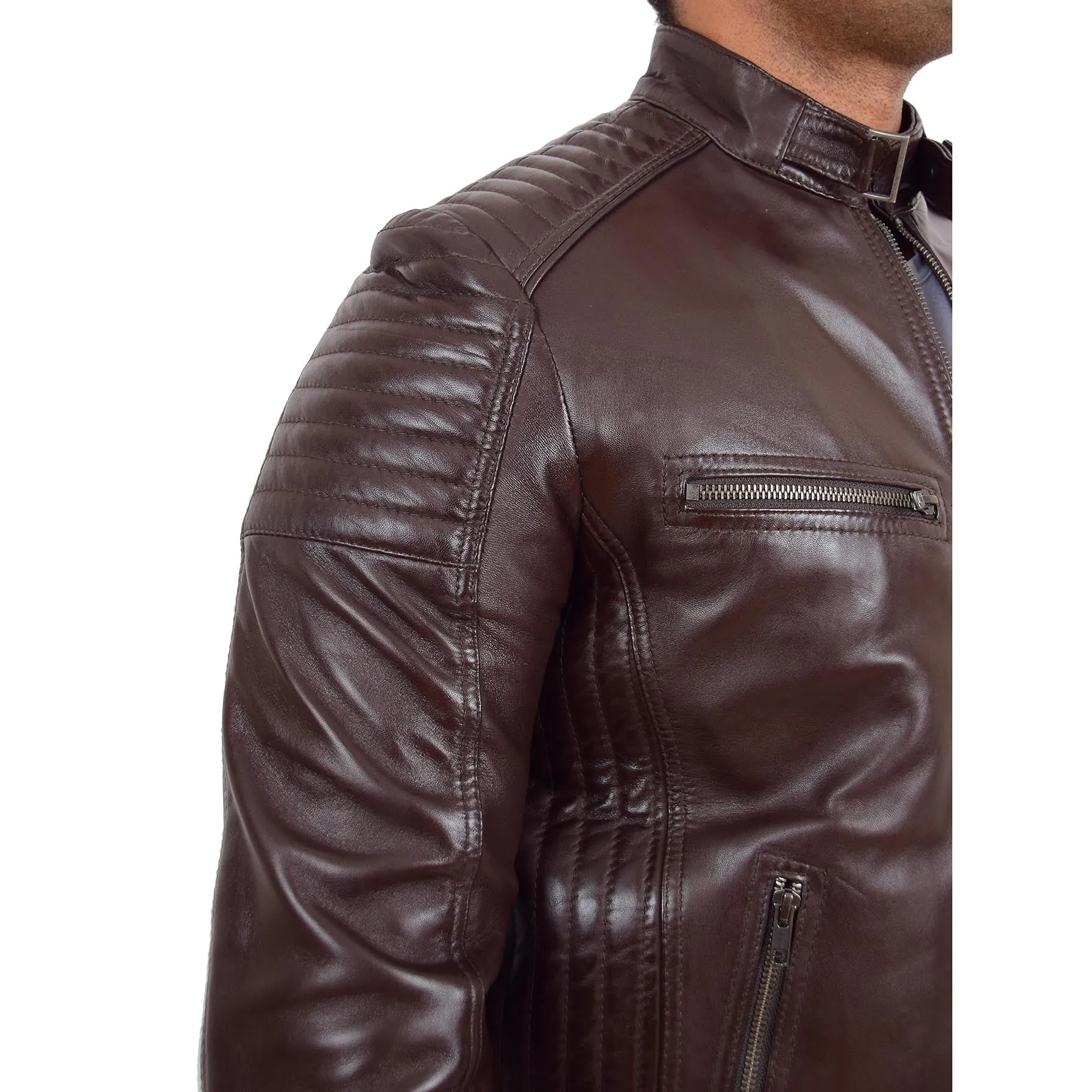 Mens Café Racer Biker Leather Jacket Teddy Brown