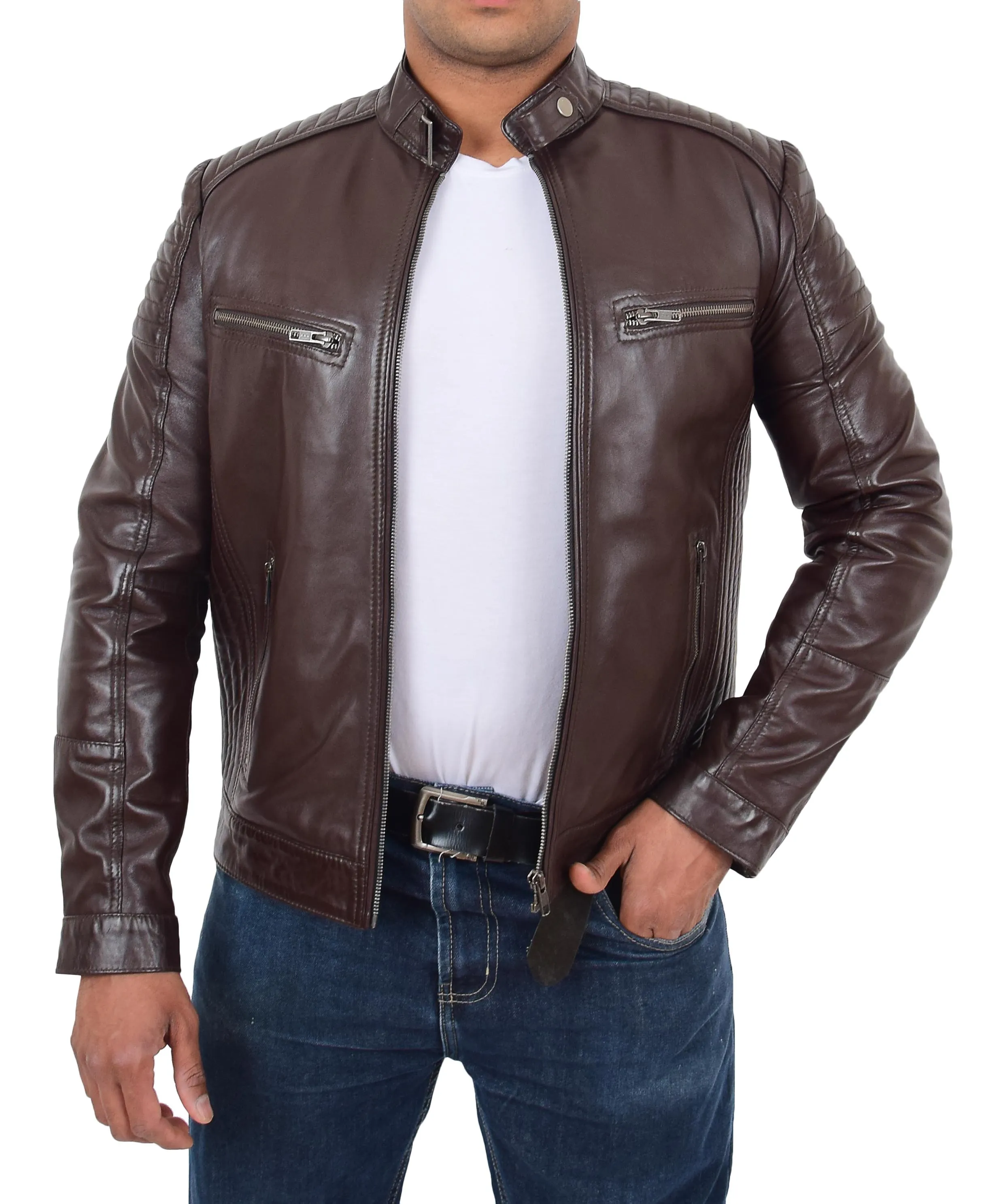 Mens Café Racer Biker Leather Jacket Teddy Brown