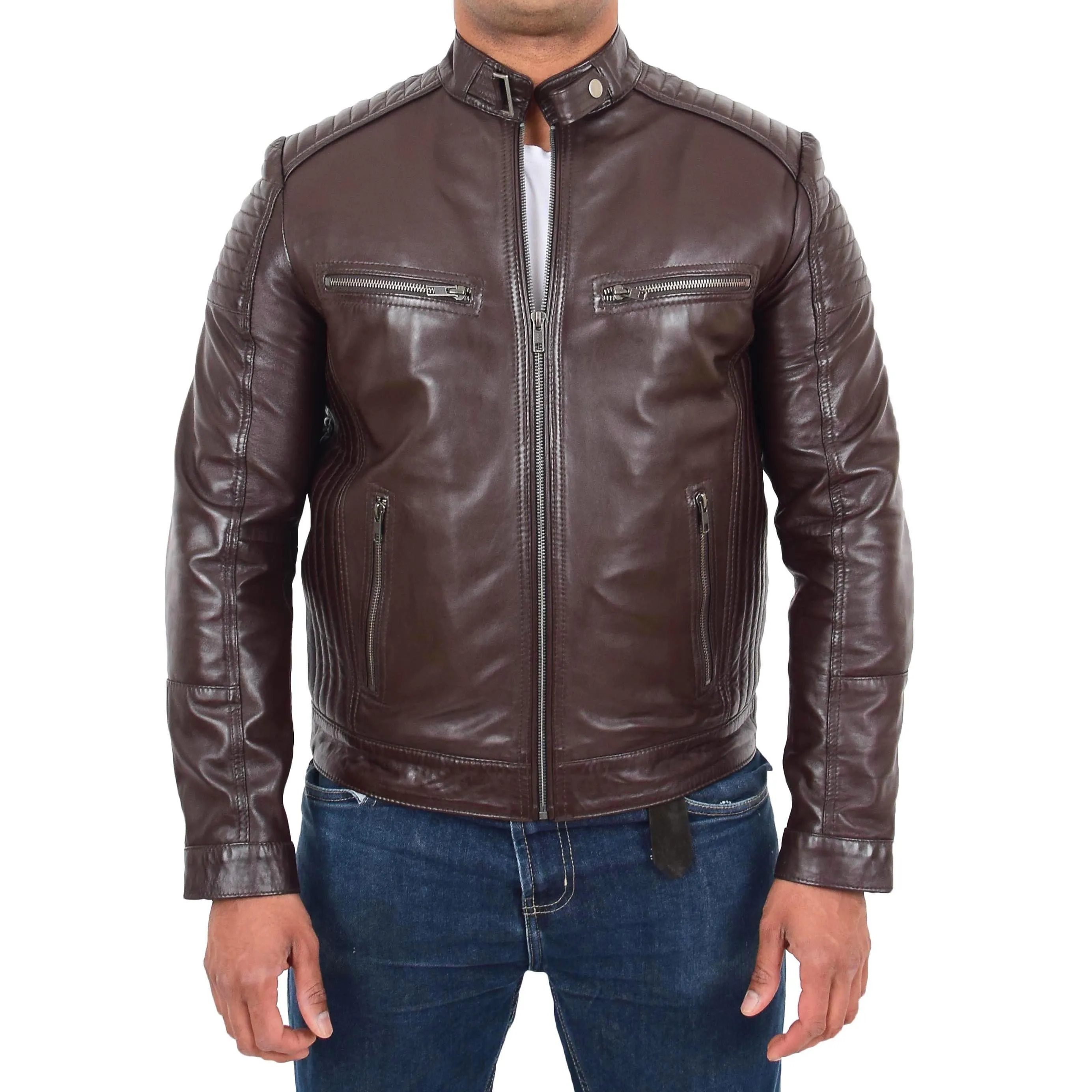 Mens Café Racer Biker Leather Jacket Teddy Brown