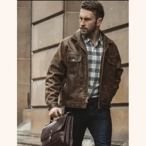 Men's Distressed Dark Brown Trucker Leather Jacket