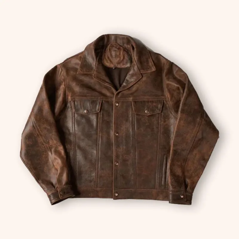 Men's Distressed Dark Brown Trucker Leather Jacket