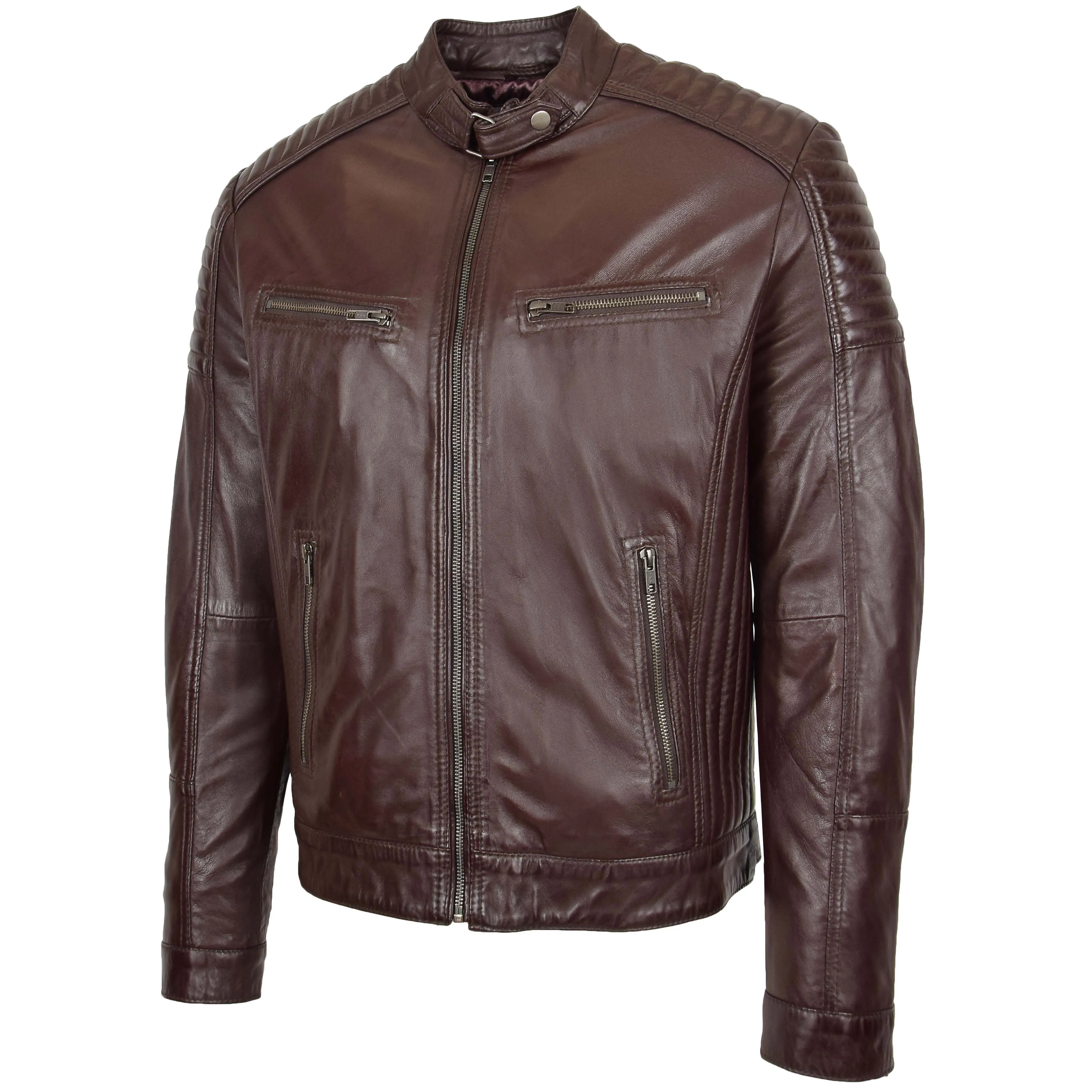 Mens Leather Cafe Racer Biker Jacket Ron Brown