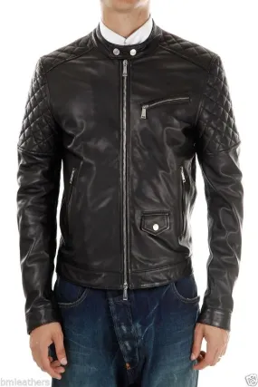 Men's Quilted Genuine Leather Motorcycle Jacket MJ021