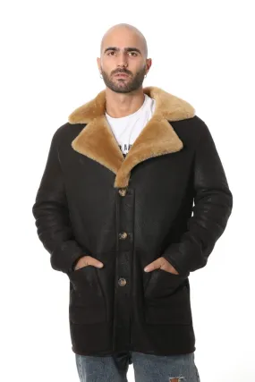 Men's Sheepskin Trench Coat, Washed Brown with Ginger Wool