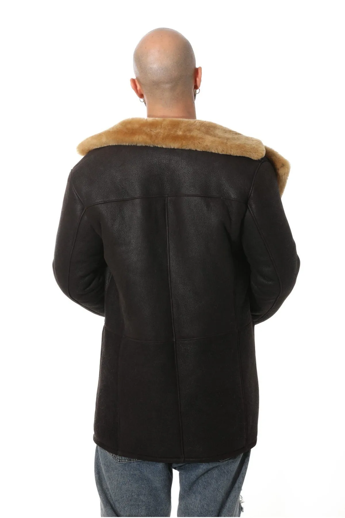 Men's Sheepskin Trench Coat, Washed Brown with Ginger Wool