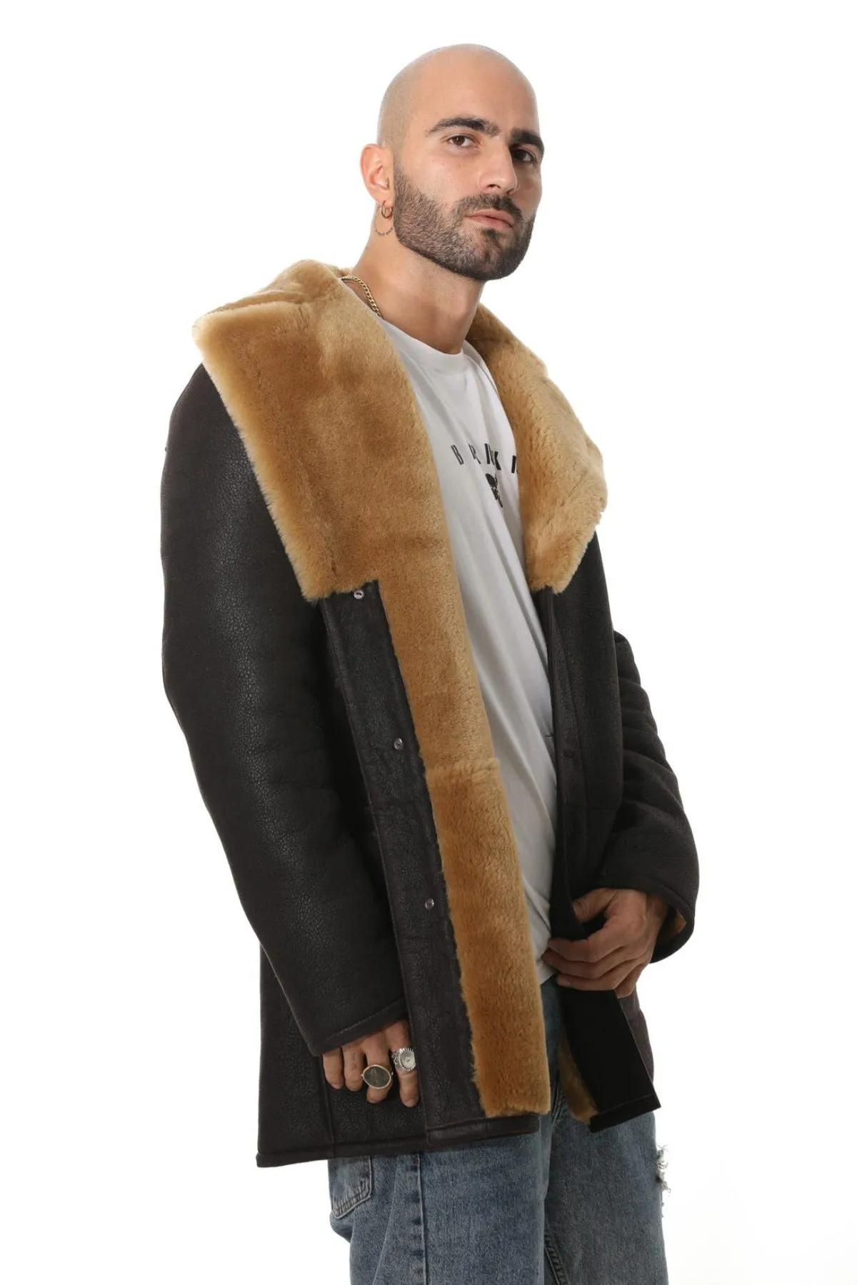 Men's Sheepskin Trench Coat, Washed Brown with Ginger Wool