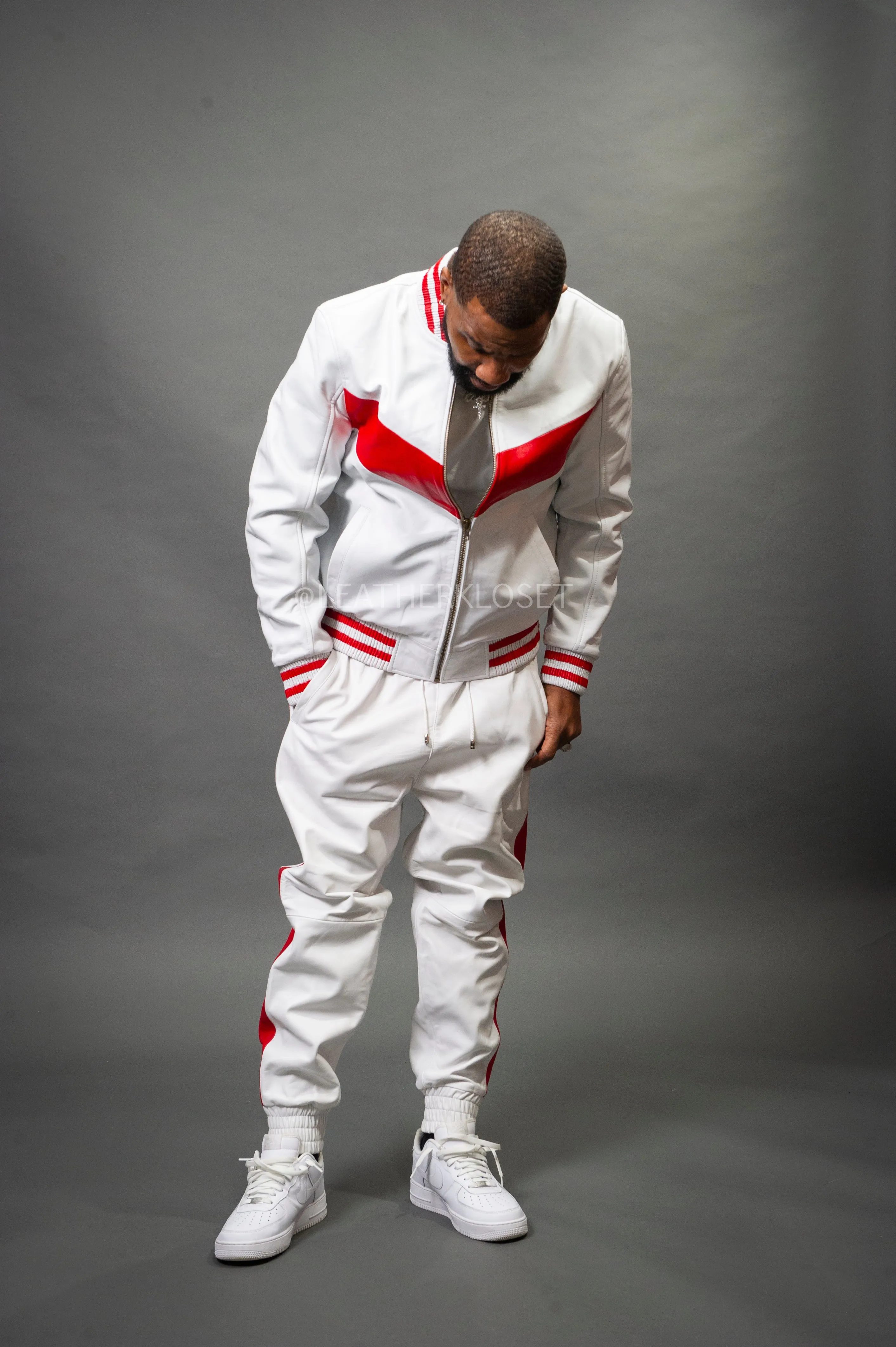 Men's V-Baseball Leather Track Suit Sweatsuit [White/Red]