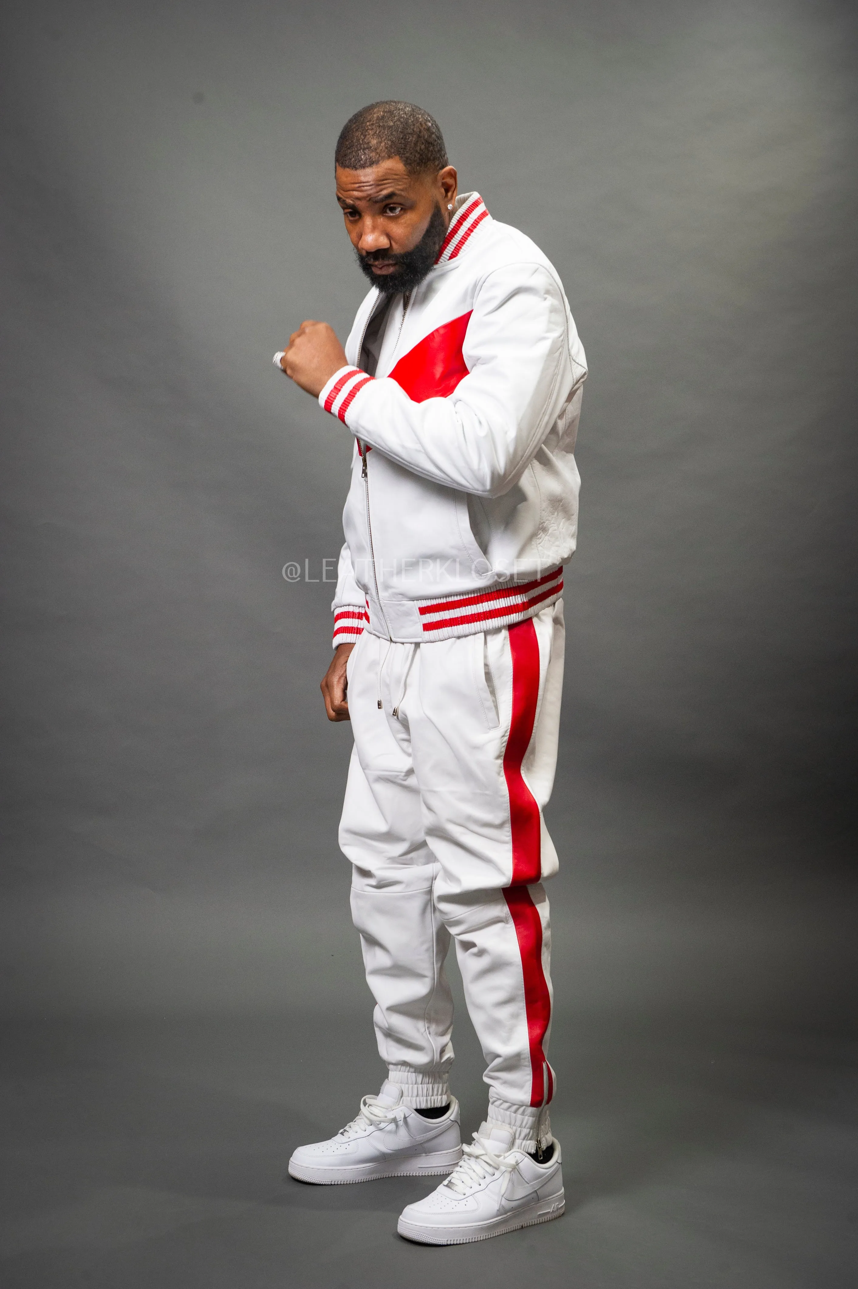 Men's V-Baseball Leather Track Suit Sweatsuit [White/Red]