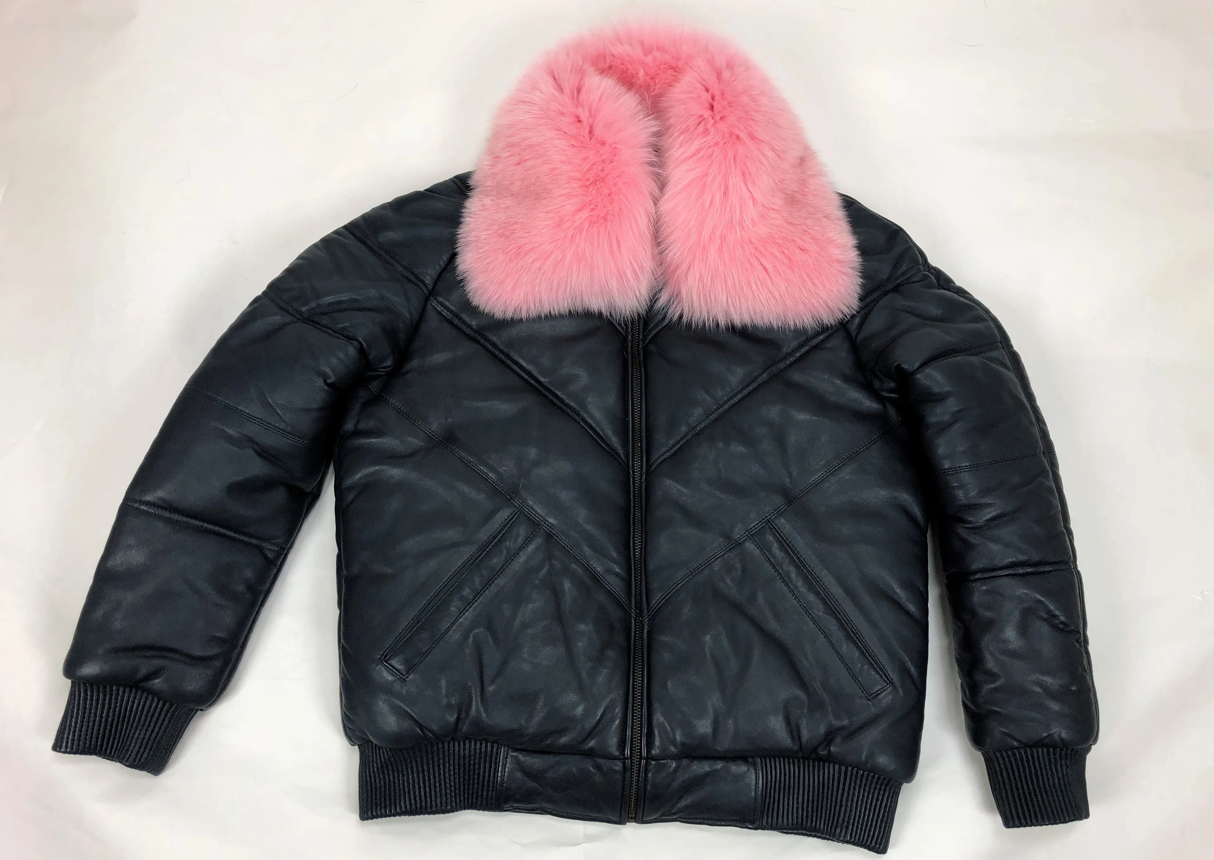 Men's V-Bomber Navy Premium Pink Fox Collar