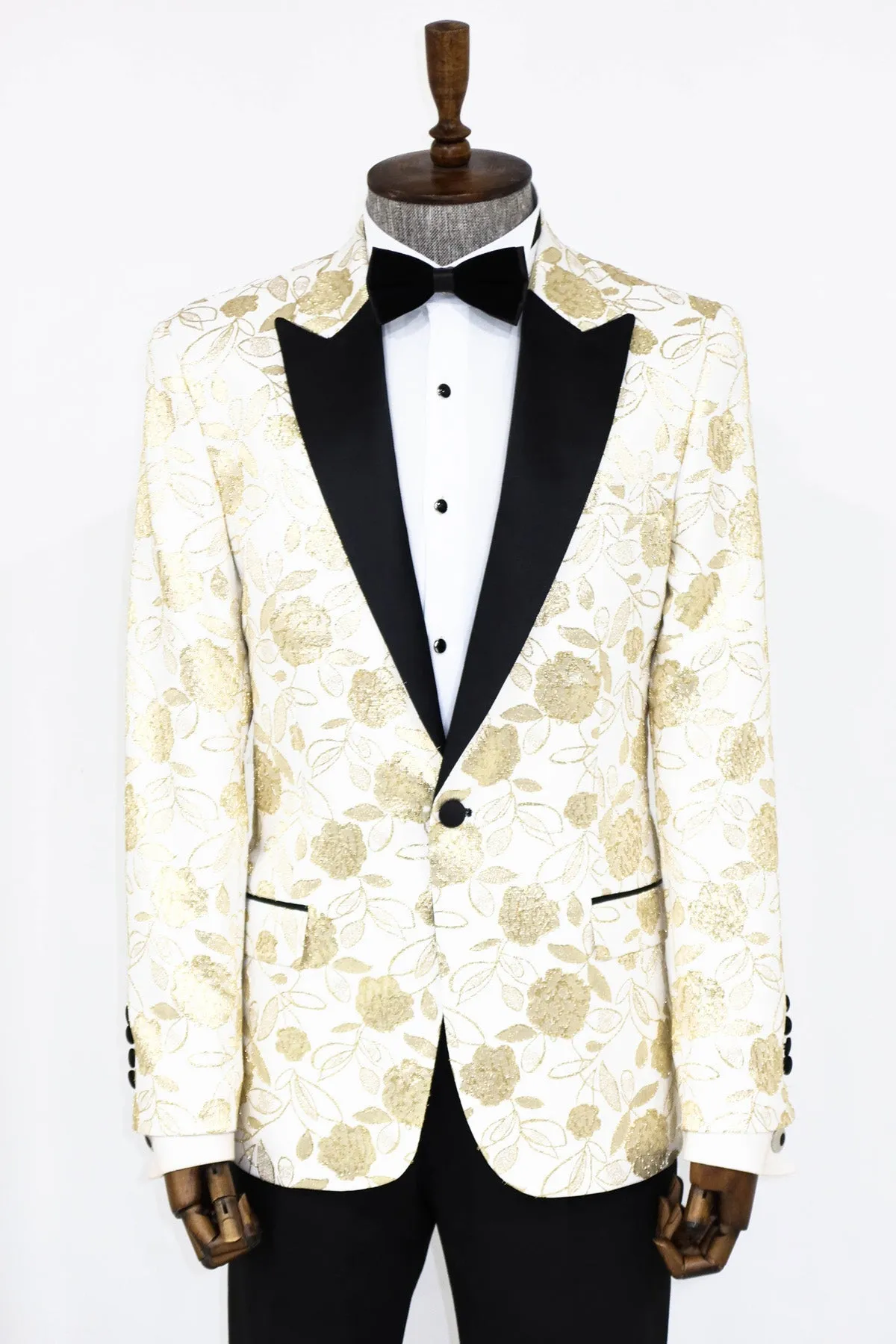 Men's White Blazer with Black Lapel and Golden Floral Design