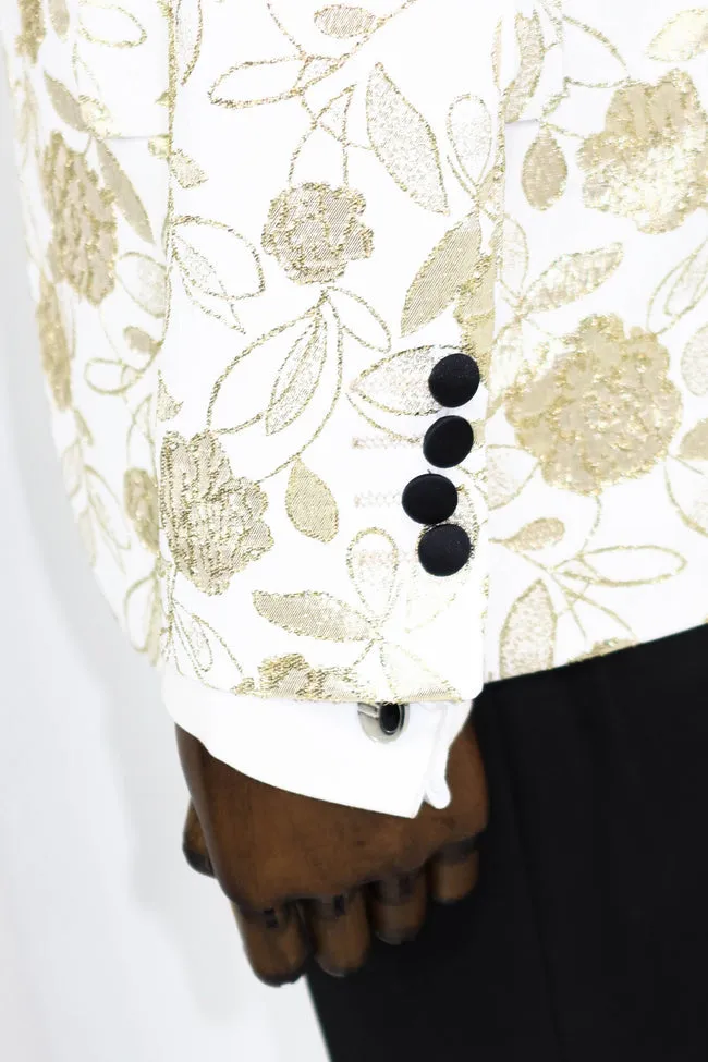 Men's White Blazer with Black Lapel and Golden Floral Design