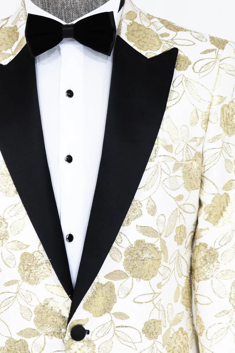 Men's White Blazer with Black Lapel and Golden Floral Design