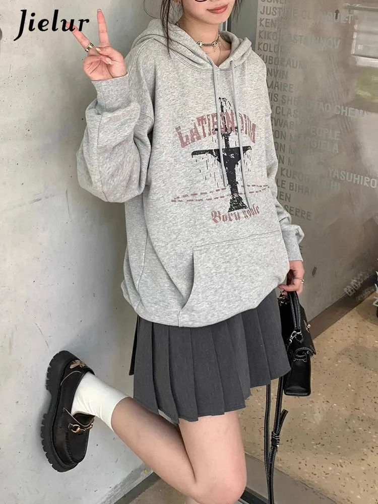 Metaversmall Light Grey Chic Hooded Drawstring Female Hoodies New Fashion Printing Basic Pure Color Simple Loose Casual Women Hoodies