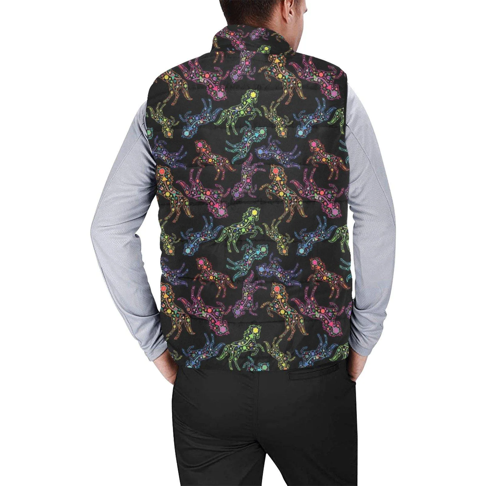 Neon Floral Horses Men's Padded Vest Jacket