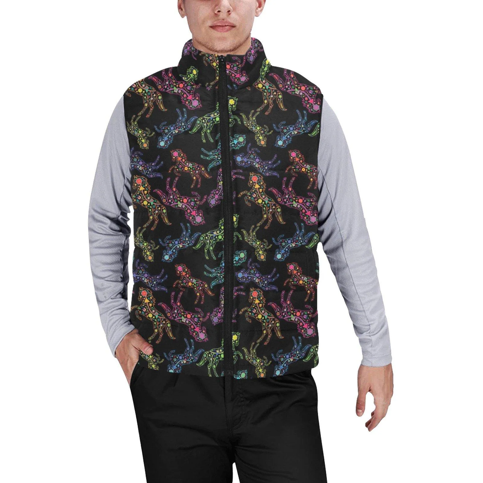 Neon Floral Horses Men's Padded Vest Jacket