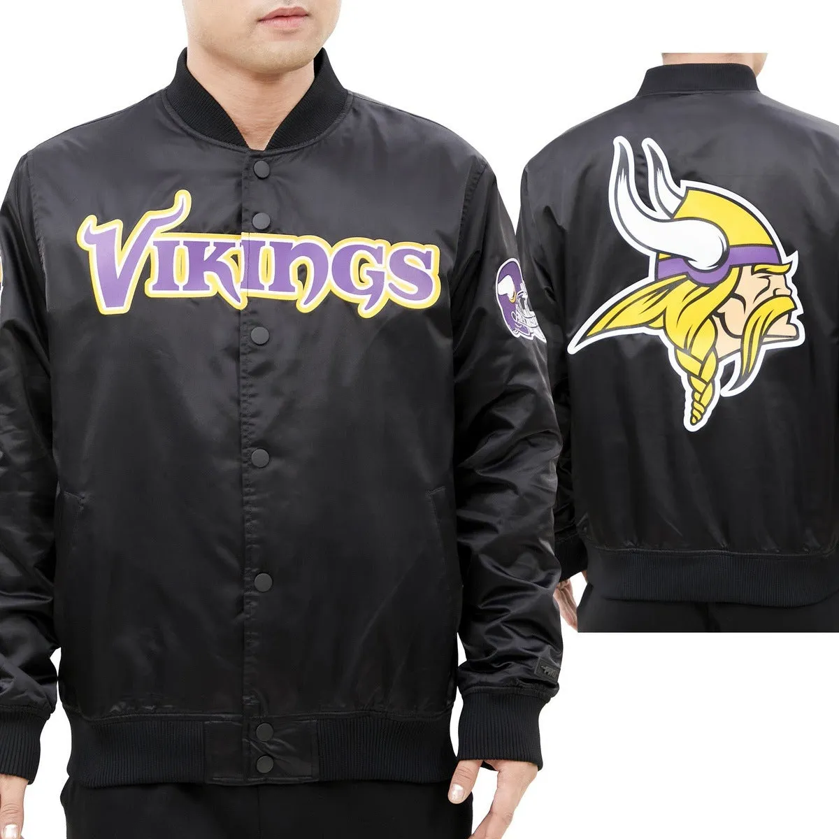 NFL MINNESOTA VIKINGS BIG LOGO MEN'S SATIN JACKET (BLACK)