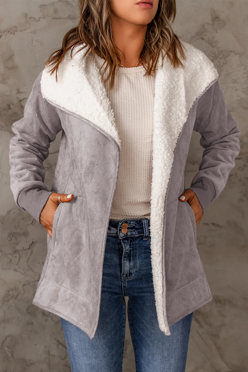 Open Front Long Sleeve Sherpa Jacket