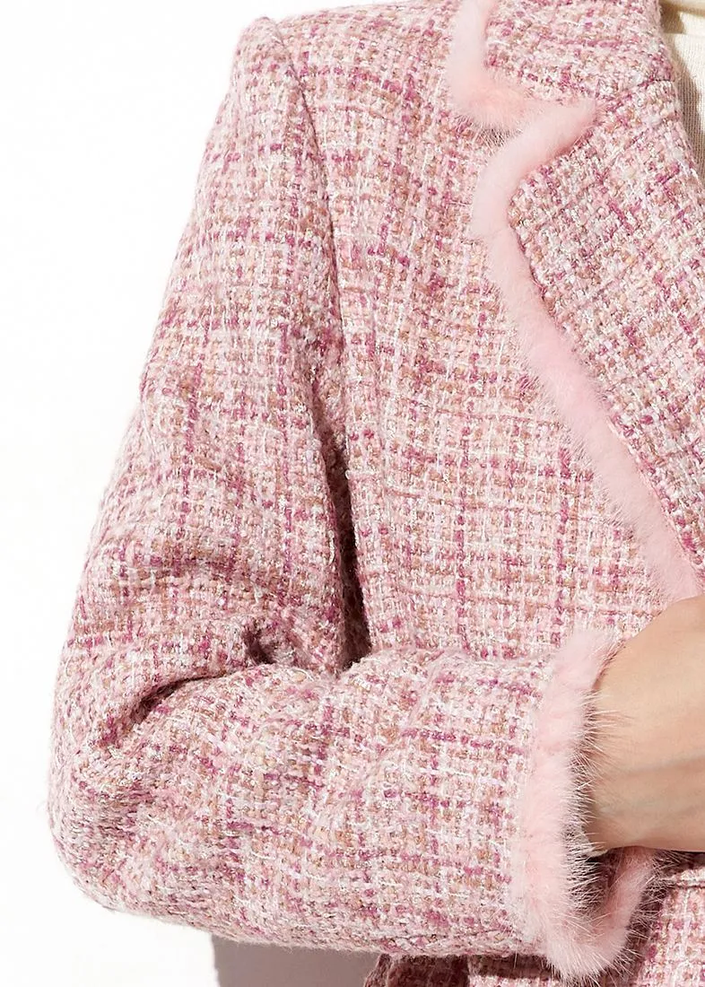 Pink Mink Fur Trim Plaid Tweed Coat