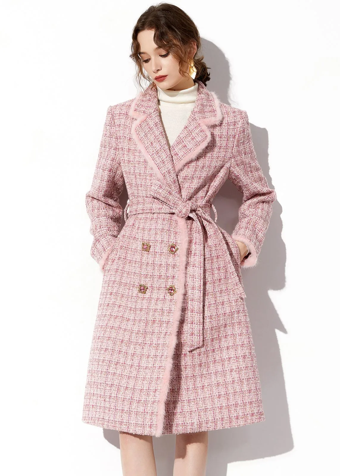 Pink Mink Fur Trim Plaid Tweed Coat