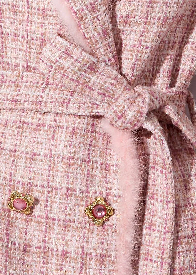 Pink Mink Fur Trim Plaid Tweed Coat