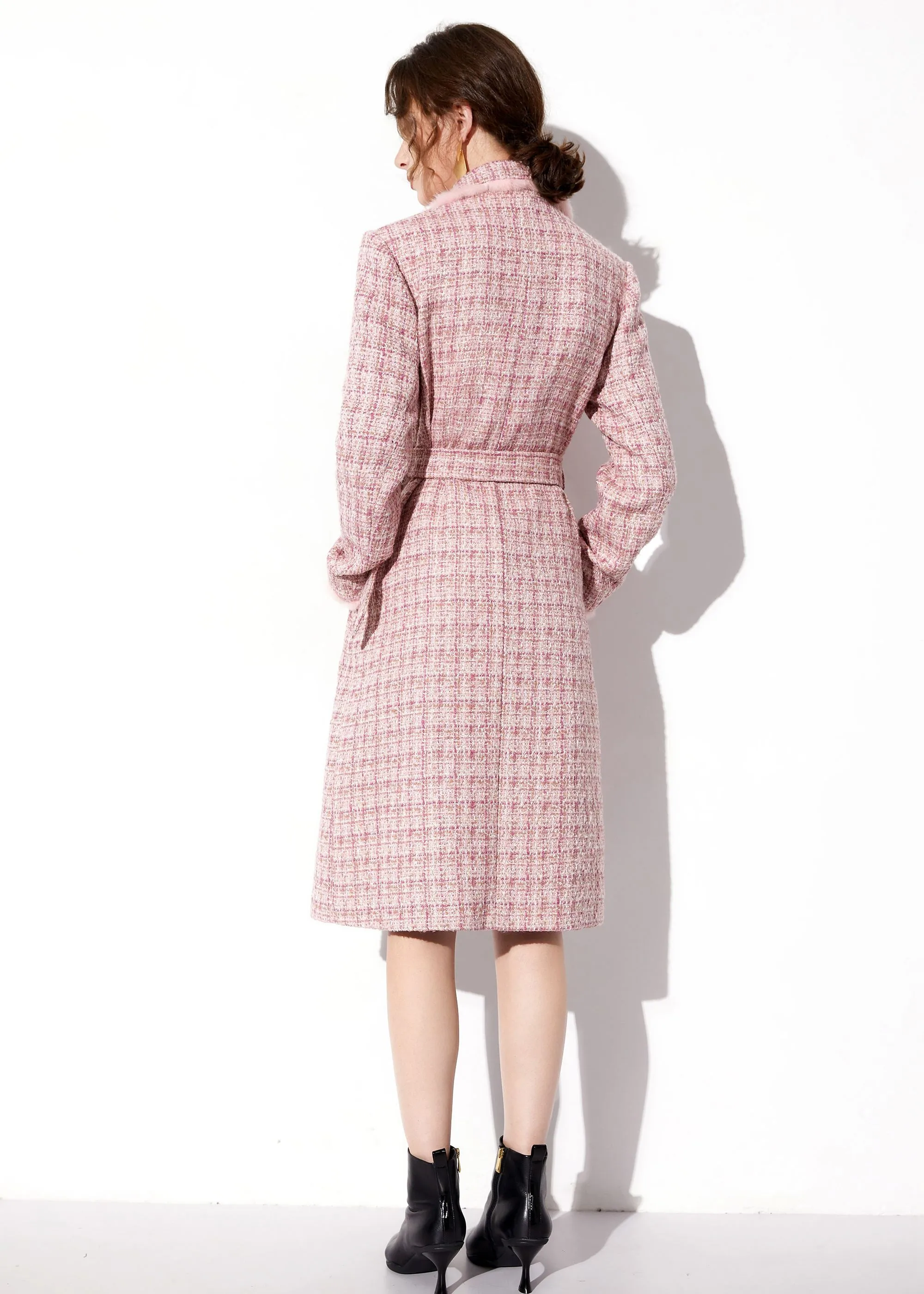 Pink Mink Fur Trim Plaid Tweed Coat