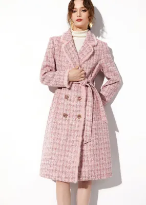 Pink Mink Fur Trim Plaid Tweed Coat