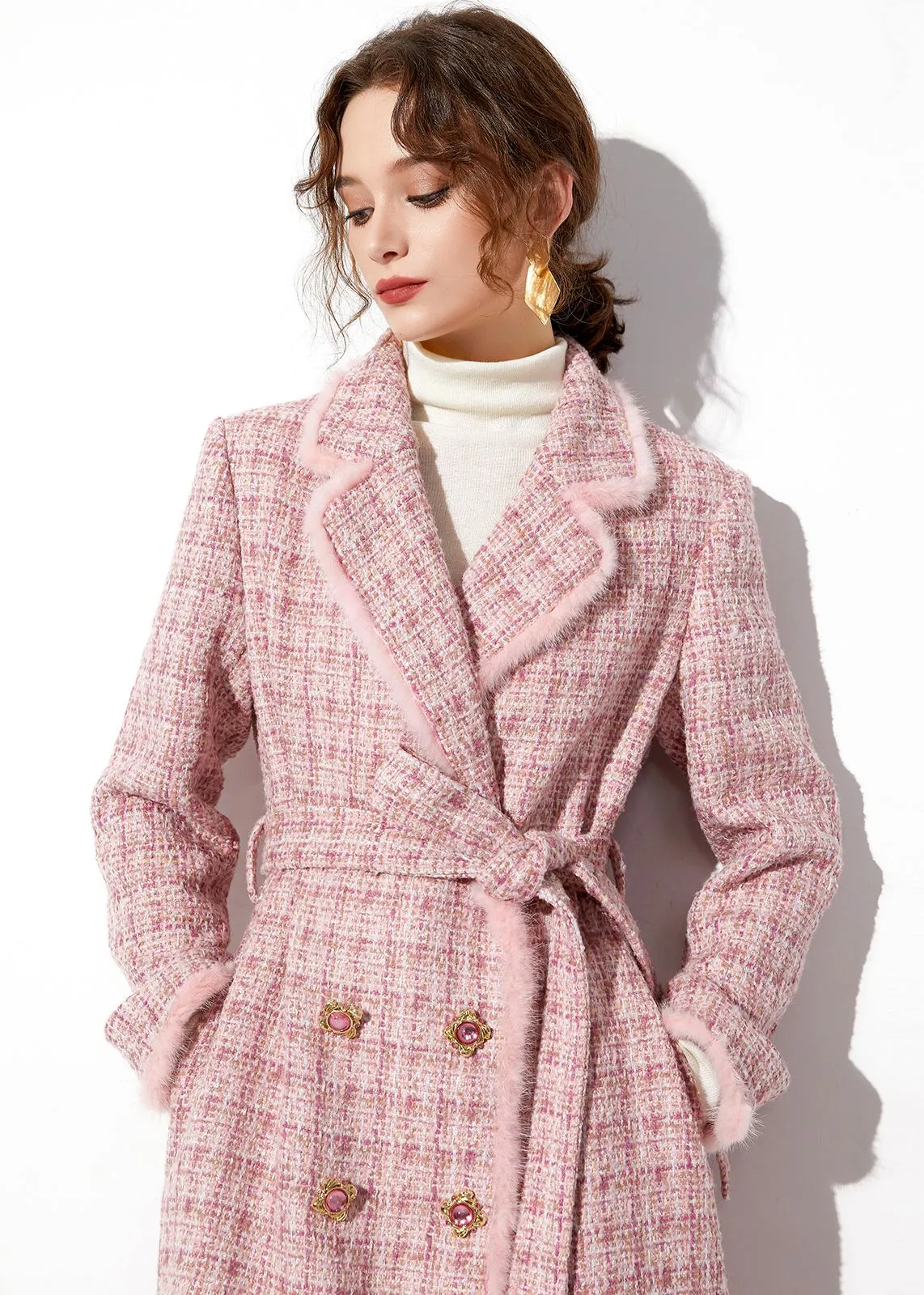 Pink Mink Fur Trim Plaid Tweed Coat