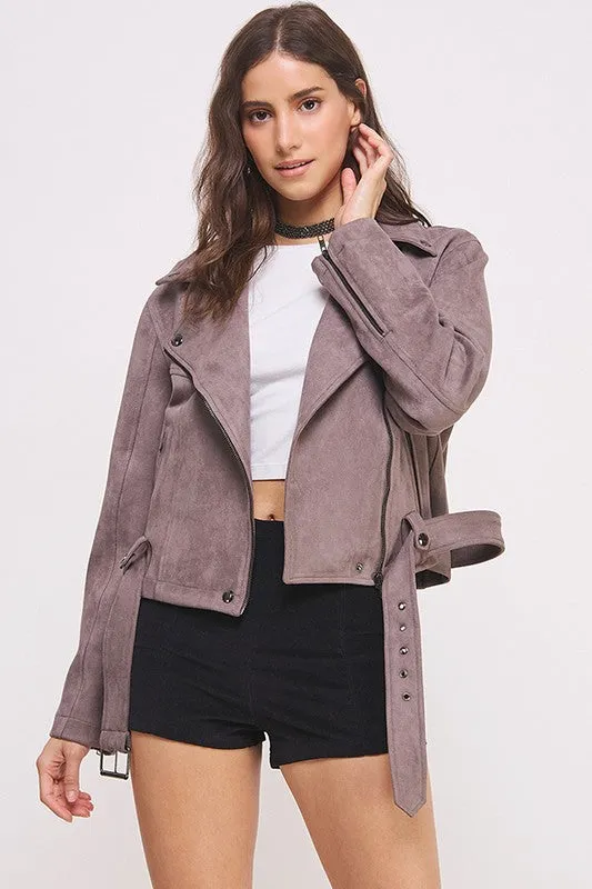 PLUS Size BELTED LONG SLEEVE ZIPPERED SUEDE MOTO JACKET  - Online Exclusive