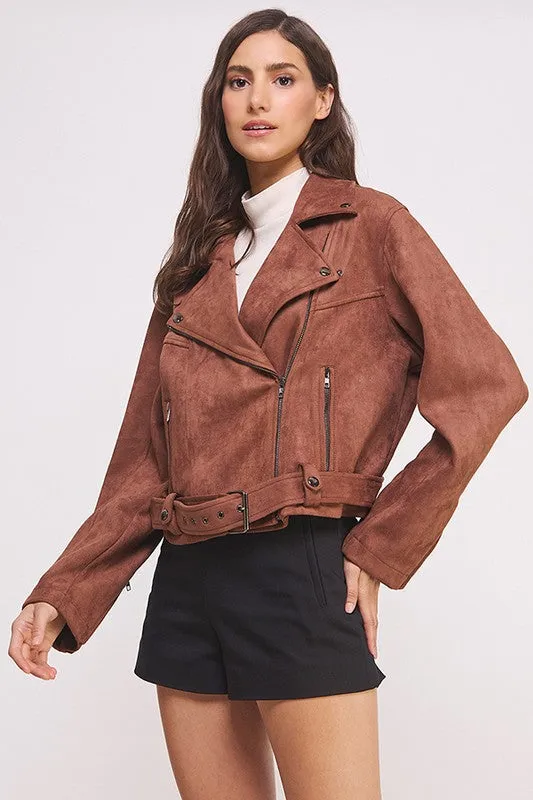 PLUS Size BELTED LONG SLEEVE ZIPPERED SUEDE MOTO JACKET  - Online Exclusive