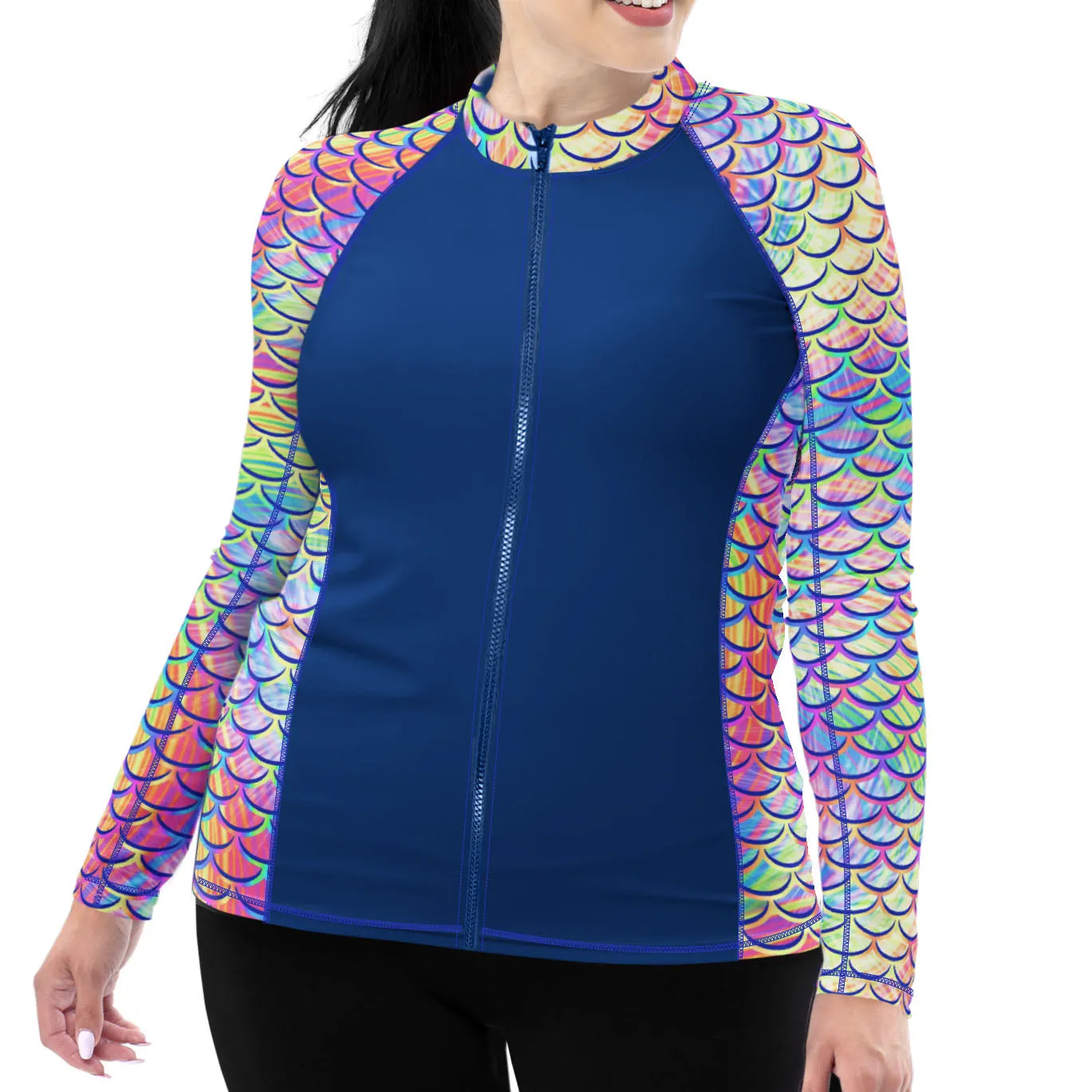 Plus Size Eco-friendly Full Zip Up Psychedelic Mermaid Rash Guard