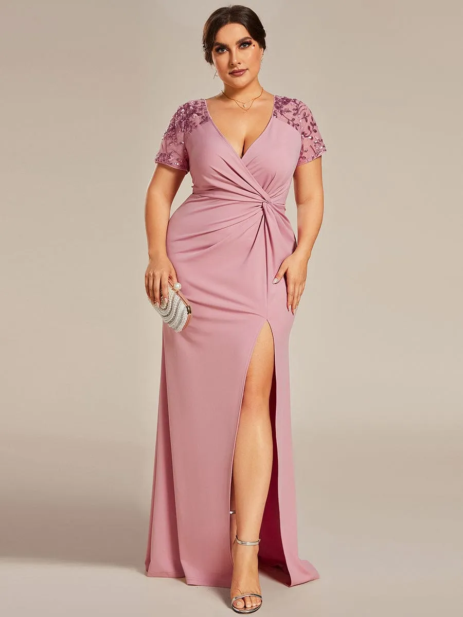 Plus Size Front Slit Short Sleeve With Sequin Mother of the Bride Dresses