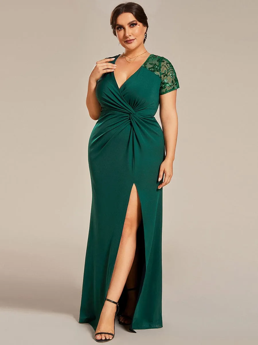 Plus Size Front Slit Short Sleeve With Sequin Mother of the Bride Dresses