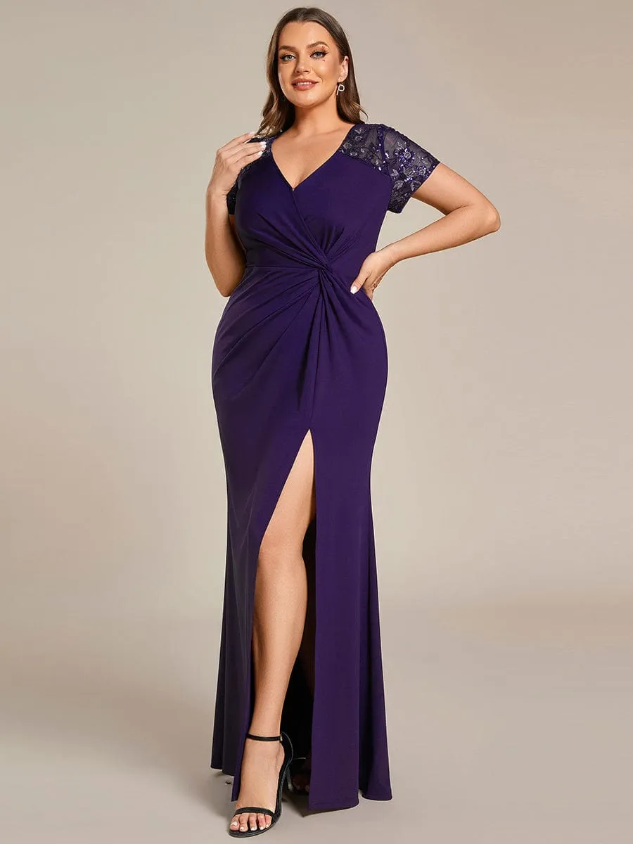 Plus Size Front Slit Short Sleeve With Sequin Mother of the Bride Dresses