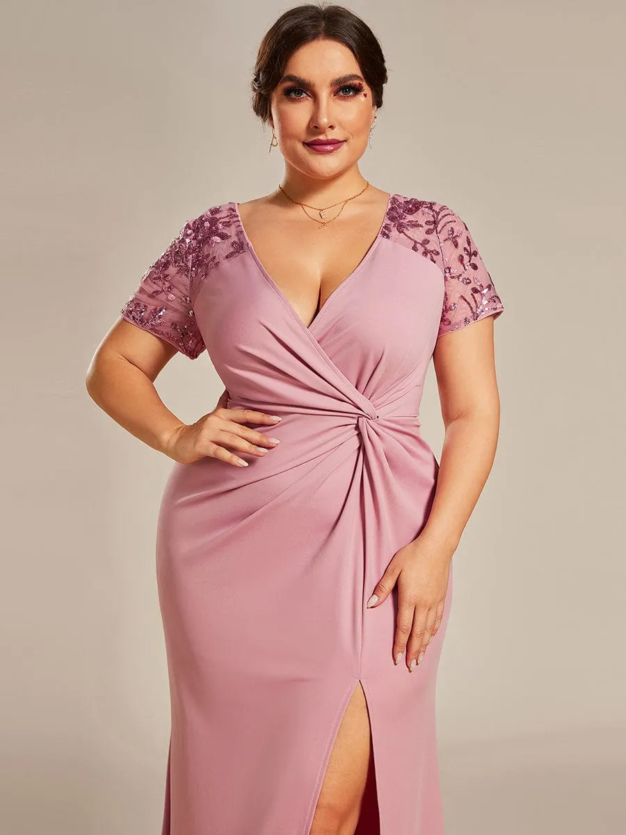 Plus Size Front Slit Short Sleeve With Sequin Mother of the Bride Dresses