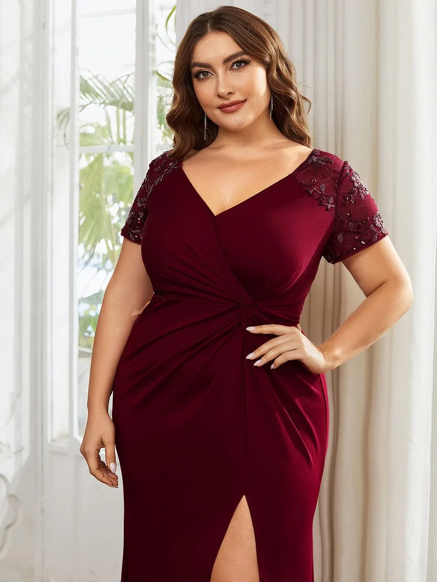 Plus Size Front Slit Short Sleeve With Sequin Mother of the Bride Dresses