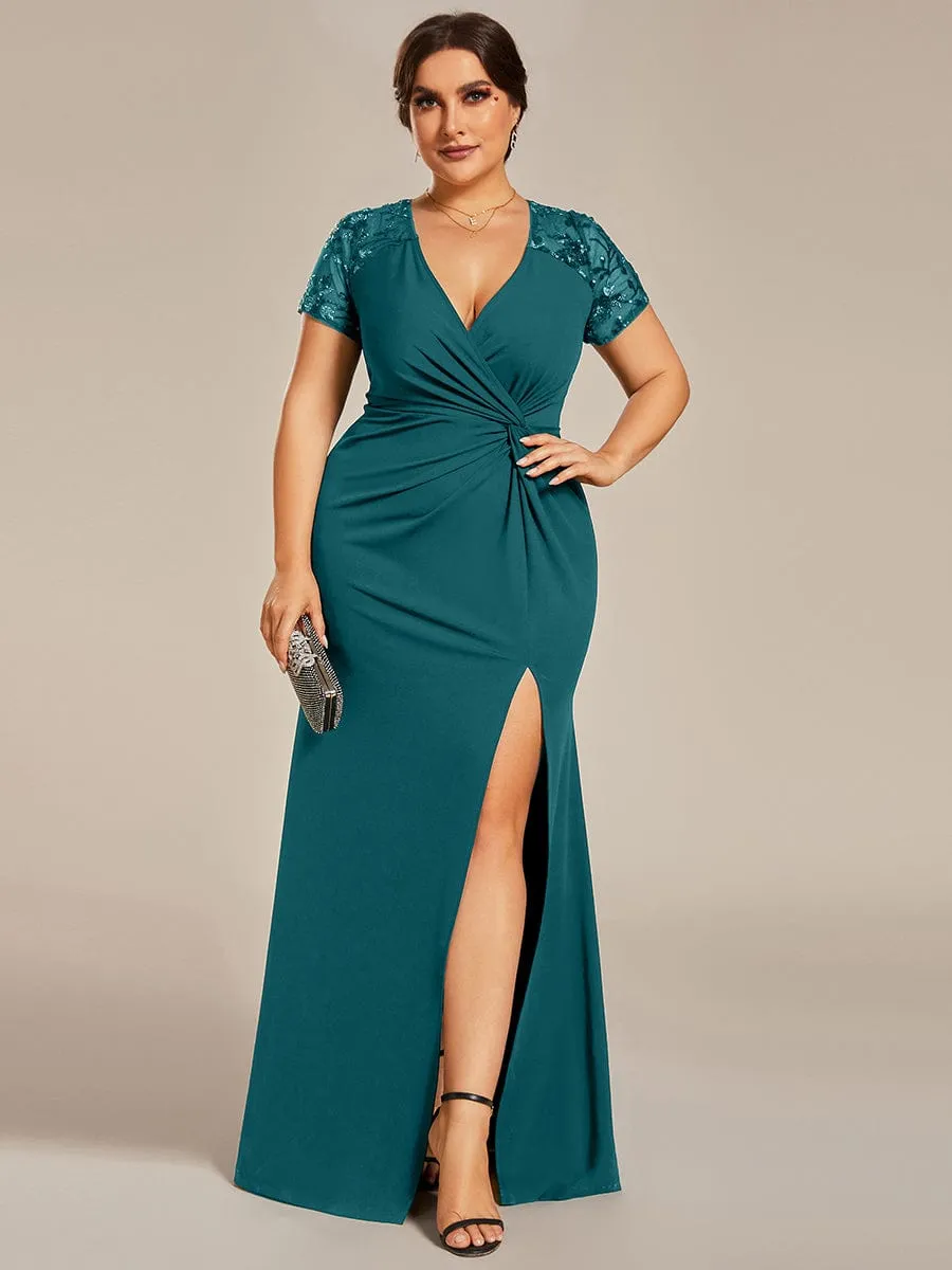 Plus Size Front Slit Short Sleeve With Sequin Mother of the Bride Dresses