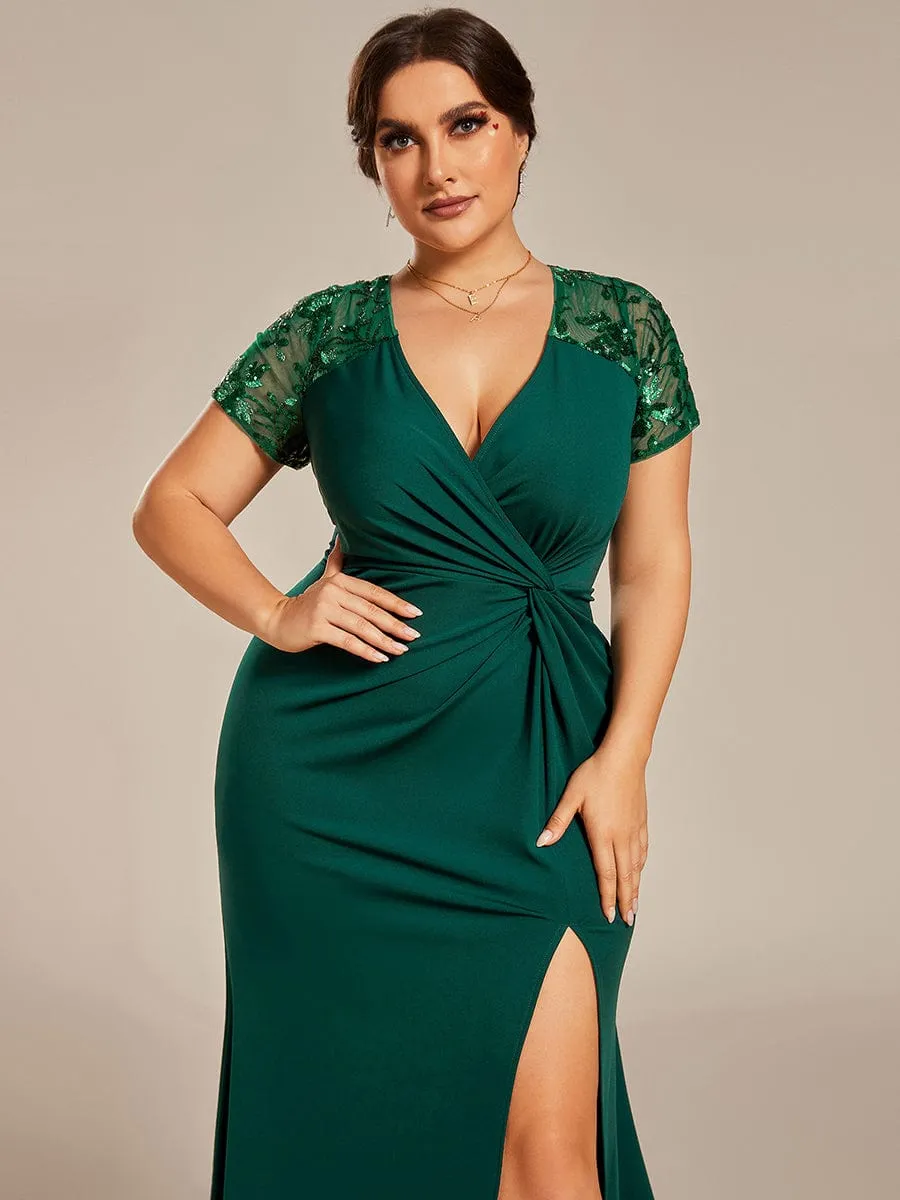 Plus Size Front Slit Short Sleeve With Sequin Mother of the Bride Dresses