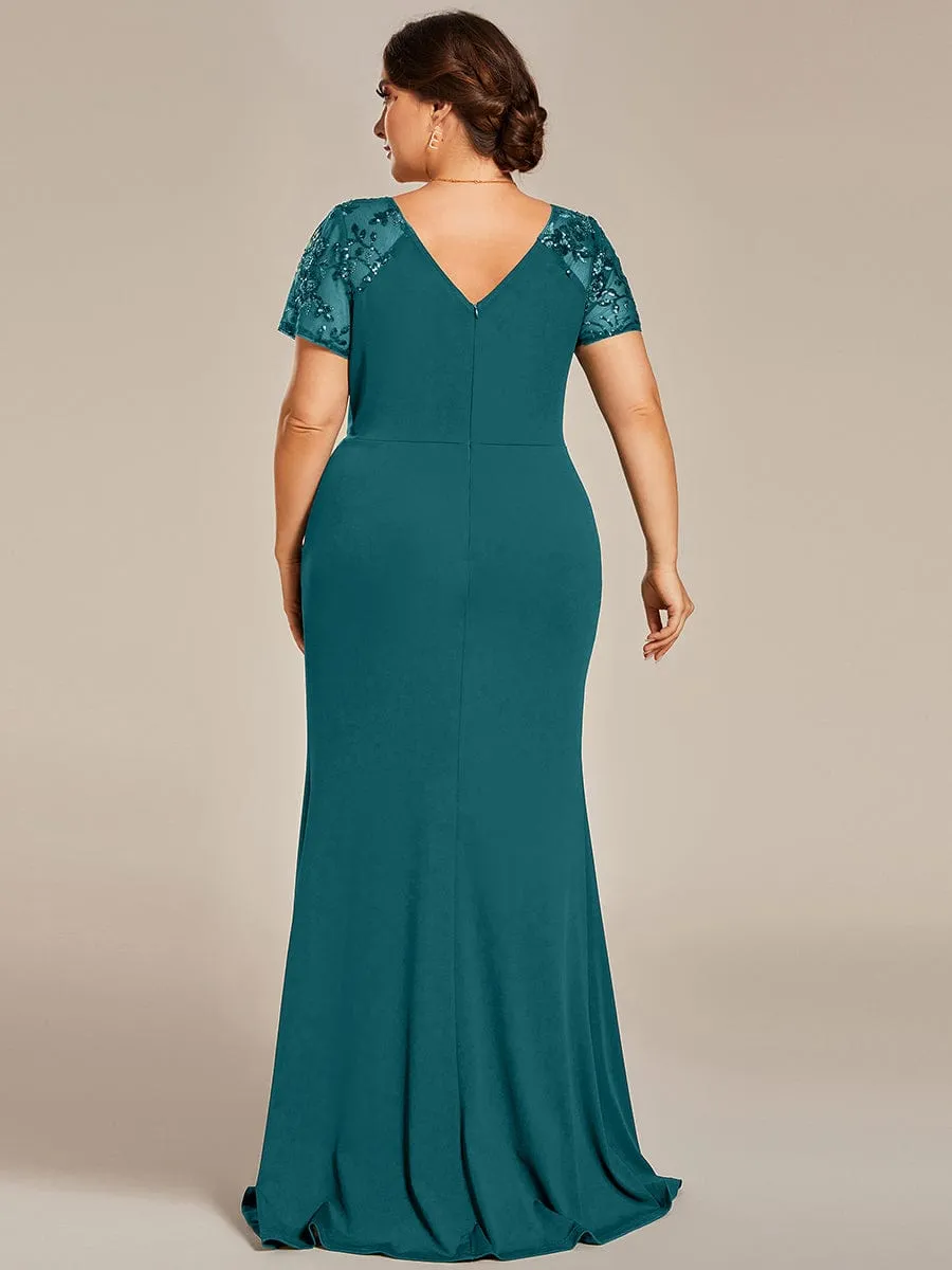 Plus Size Front Slit Short Sleeve With Sequin Mother of the Bride Dresses