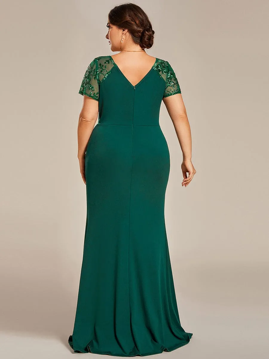 Plus Size Front Slit Short Sleeve With Sequin Mother of the Bride Dresses